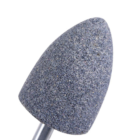 Close-up of one conical grinding head from Four Pack Abrasive Mounted Stones With Quarter Inch Shank And One Point One Eight Inch Conical Corundum Grinding Heads For Engraving And Polishing On Rotary Tools Aluminum Oxide Finish, showing aluminum oxide grain texture.