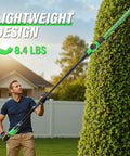 Person using Cordless 18 Inch Hedge Trimmer With Extension Pole And 16 Foot Reach on tall shrub, lightweight design highlighted