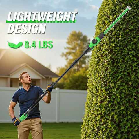 Person using Cordless 18 Inch Hedge Trimmer With Extension Pole And 16 Foot Reach on tall shrub, lightweight design highlighted