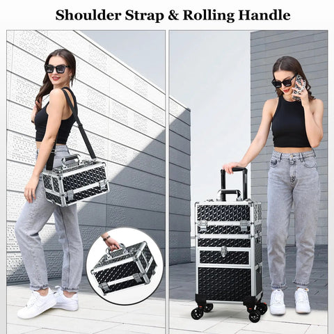 Rolling Makeup Case With Drawers For Tattoos And Nail Techs On The Go Tattoo Travel Cart Cosmetology Barber Tools Organizer Portable Suitcase With Detachable Top Case And Customizable Middle Tray Two Spacious Drawers with shoulder strap and rolling handle.