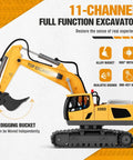 11 Channel RC Excavator Toy For Kids 3-12, Metal Construction Truck with digging bucket and cab, toy features detailed specs