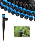 Quick Connector Drip Emitter Set For One Quarter Inch Tubing, Adjustable Flow, 360 Degree Fan Sprayer displayed on grass