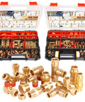 Solid 300 Pc Brass Air Line Fittings Kit With Npt And Push Connectors Featuring Unions Tees Elbows And More For Your Compressor Rig Repair Or Diy Projects. open case with brass fittings