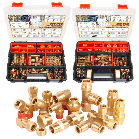 Solid 300 Pc Brass Air Line Fittings Kit With Npt And Push Connectors Featuring Unions Tees Elbows And More For Your Compressor Rig Repair Or Diy Projects. open case with brass fittings