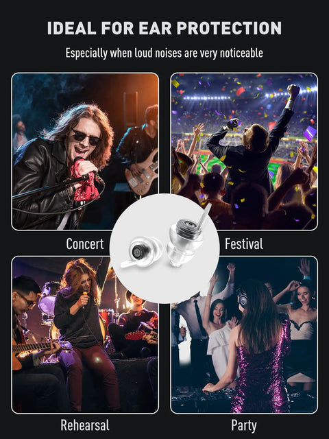 Two Pairs High Fidelity Concert Ear Plugs Reusable Noise Reduction For Musicians And Showgoers shown in concert and party settings