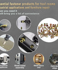 Essential fastener products for tool rooms, showcasing uses in household appliances, cars, and industrial applications.
