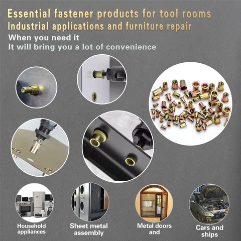Essential fastener products for tool rooms, showcasing uses in household appliances, cars, and industrial applications.