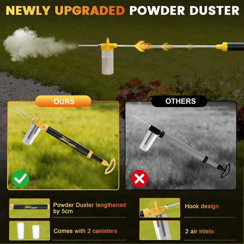 Comparison of diatomaceous earth powder duster with adjustable 4 ft sprayer, showing features and improvements
