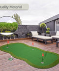 Real Deal Golf Putting Green Mat For Indoor Outdoor Practice 5x10ft showing true roll grass on rooftop patio with lounge chairs