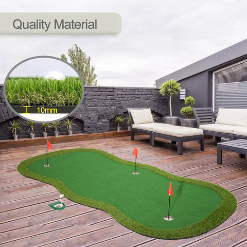 Real Deal Golf Putting Green Mat For Indoor Outdoor Practice 5x10ft showing true roll grass on rooftop patio with lounge chairs