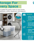 Hella Spacious Thirty Two Gallon Wheeled Storage Totes With Clear Plastic Rolling Bins And Lock Tight Lids For Effortless Moving Loads Smart Garage Makeover And Playroom Stash Setup Four Pack Bundle beside iron and laundry area