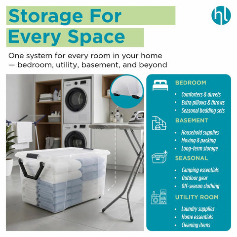 Hella Spacious Thirty Two Gallon Wheeled Storage Totes With Clear Plastic Rolling Bins And Lock Tight Lids For Effortless Moving Loads Smart Garage Makeover And Playroom Stash Setup Four Pack Bundle beside iron and laundry area