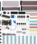 All In One Upgraded Electronics Component Kit With Power Supply 9V 1A Breadboard 830 Point Jumper Wires LED Capacitors Diodes Resistors Transistors Sensors And Raspberry Pi STM32 Compatibility displayed
