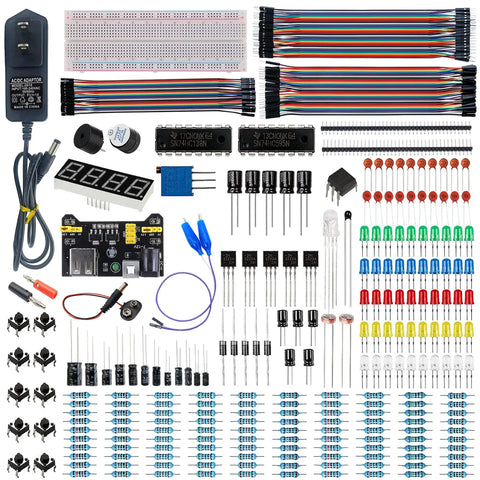 All In One Upgraded Electronics Component Kit With Power Supply 9V 1A Breadboard 830 Point Jumper Wires LED Capacitors Diodes Resistors Transistors Sensors And Raspberry Pi STM32 Compatibility displayed