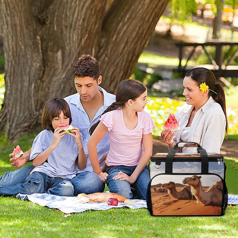 Family enjoying picnic with Desert Rest Small Cooler Bag For Men And Women, Insulated Lunch Tote with foil lined interior, Oxford fabric.