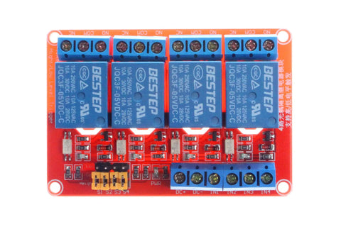 Top view of 4 Channel Relay Module With Optocoupler Isolation And High Low Level Trigger, Compatible With 5V 12V Or 24V Control Signals.