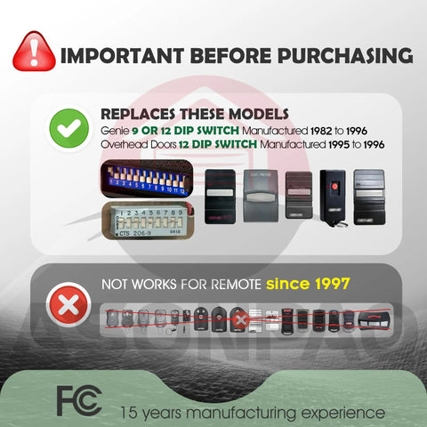 Two Pack Dip Switch Garage Door Opener Remote Replacement for 9 and 12 Dip Switch Models From 1982 to 1996 With 3 Year Warranty