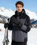 Person holding skis wearing Women Winter Ski Mittens Waterproof Warm Snow Mittens For Cold Weather Outdoor Sports. Snowy mountain background.