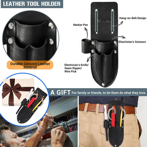 Upgraded 6 Piece Cable Splicer Kit with genuine leather pouch, scissors, knife, and tools for technicians attached to belt