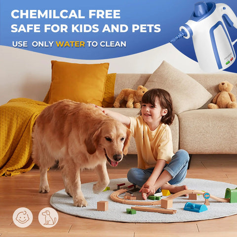 Tough Day Grime Handheld Steam Cleaner That Heats Up Fast With A 13 Foot Cord used safely around kids and pets.