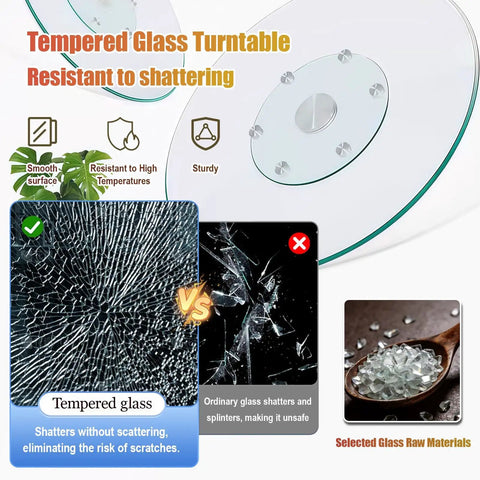 Tempered glass of 360 Degree Glass Lazy Susan Turntable for Dining Tables showing shatter resistance with images of glass materials.