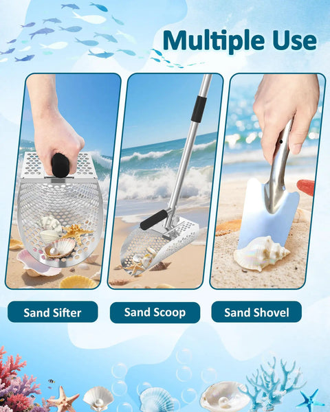 Two In One Sand Scoop For Metal Detecting With Long Detachable Handle Stainless Steel Beach Shovel And Sifter