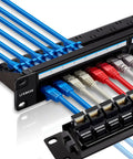 24 Port RJ45 Patch Panel Cat6 Pass Through Patch Panel 19 Inch Inline Keystone Ethernet Network Panel with cabling installed