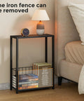 Slim End Table With Magazine Holder And Iron Storage Basket Quick Fix For Tight Squeeze And Tiny Pad Or Dorm Room Accent Furniture Solid Build And Easy Setup, black frame with wood top and books.