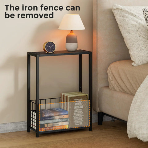 Slim End Table With Magazine Holder And Iron Storage Basket Quick Fix For Tight Squeeze And Tiny Pad Or Dorm Room Accent Furniture Solid Build And Easy Setup, black frame with wood top and books.