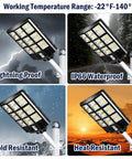 Four images of 800W LED Solar Street Light Outdoor With Motion Sensor, Remote, IP66 Waterproof, showcasing weather resistance features.