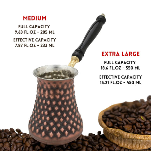 Handmade Copper Turkish Cezve Set Of 3 Extra Large And Medium Pots For Rich Turkish Coffee Dope Copper Pot With Pyramid Pattern And Antique Finish For Home Barista Use