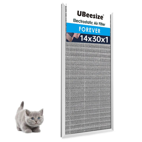 Electrostatic Reusable Air Filter For HVAC And Furnace, MERV 8, with cat for size comparison, fits 13.5 x 29.65 x 0.82 inch.