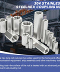Eight Pack M8 X 1.25 Stainless Steel Hex Coupling Nuts 40mm Length 304 Grade Rod Coupler Nuts in industrial setting