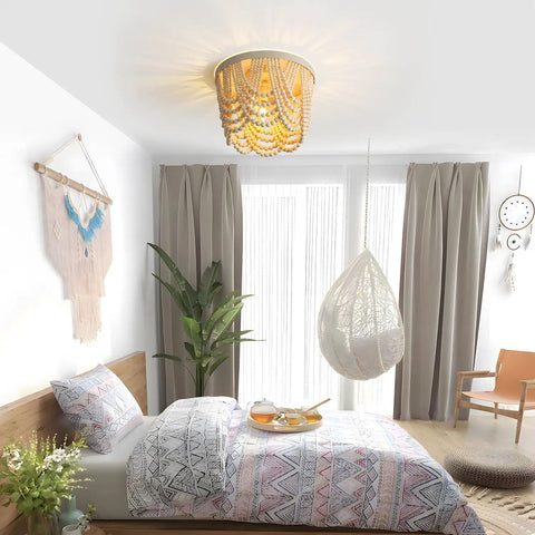 Boho Wood Beaded 3-Light Chandelier Ceiling Fixture Recessed Mounted Antique Rustic Finish for dining room in bedroom setting