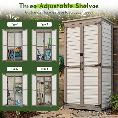 Outdoor Storage Cabinet With Adjustable Shelves For Tools And Gear, Tall White Wood And Plastic Shed With Weatherproof Roof