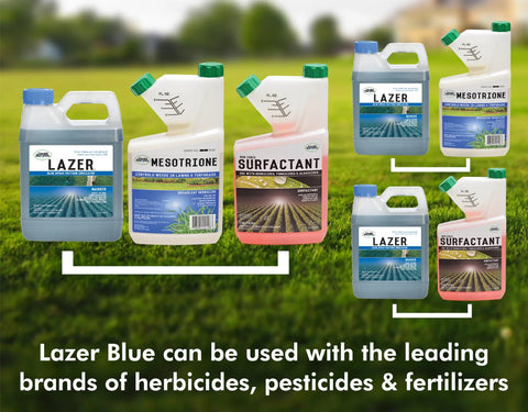 Lazer Blue spray-pattern indicator bottles with Mesotrione and Surfactant, shown on a lawn