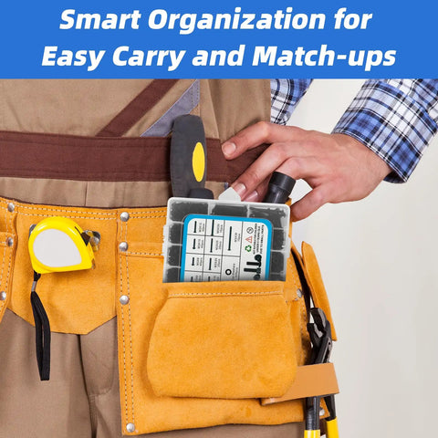 M3 Screw Kit With 1600 Pcs in organizer in tool belt for easy carry; hex socket screws, nuts, washers for 3D printing DIY builds.