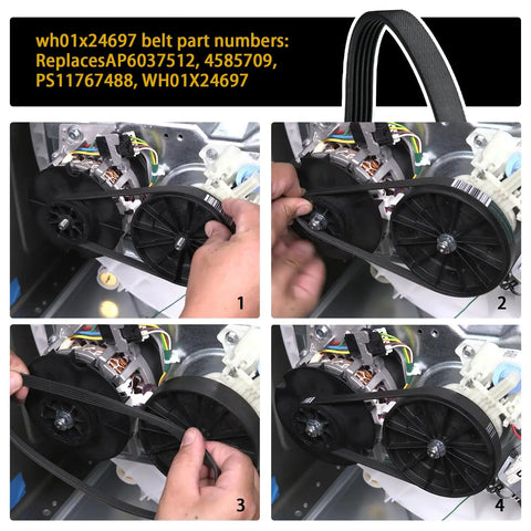 Heavy Duty Washing Machine Drive Belt WH01X24697 Replacement installation steps visible, showcasing black synthetic material and components.