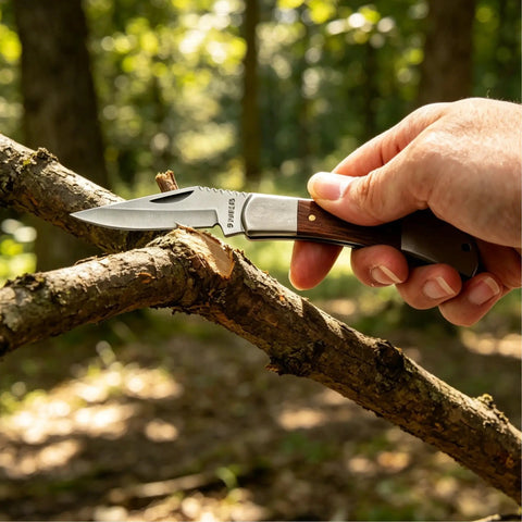Person using Stainless Steel Foldable Knife With Wood Handle And Locking Blade For Hiking And Camping Ultra Portable And Easy To Carry Outdoors