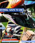 Heavy Duty Tie Down Straps With Quick Loop Anchors for roof racks securing kayak, motorbike, and cargo box on car.