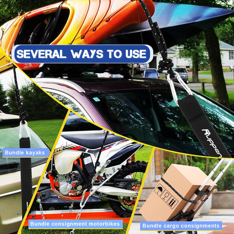 Heavy Duty Tie Down Straps With Quick Loop Anchors for roof racks securing kayak, motorbike, and cargo box on car.