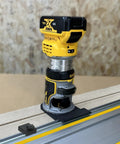 Premium Heavy Duty Guide Rail Adapter Compatible With DeWalt Router positioned on router track for accurate straight cuts.