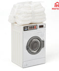 Big Time Hit Miniature Washing Machine Featuring Smooth Operable Lid And 1/12 Scale White Towel Set Serious Flex For Dollhouse Furniture and Cozy Room Decor Display Collection, detailed view with towels.
