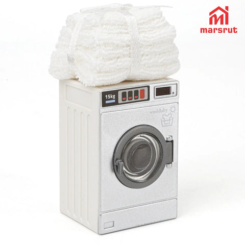 Big Time Hit Miniature Washing Machine Featuring Smooth Operable Lid And 1/12 Scale White Towel Set Serious Flex For Dollhouse Furniture and Cozy Room Decor Display Collection, detailed view with towels.
