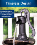 Close-up of 40 Inch Rustic Tiered Barrel Water Fountain For Outdoors, Old-Fashioned Pump Waterfall Feature With Three Barrel Tiers