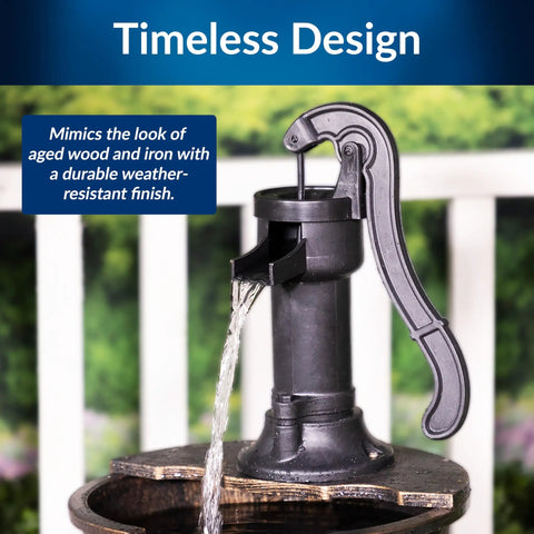 Close-up of 40 Inch Rustic Tiered Barrel Water Fountain For Outdoors, Old-Fashioned Pump Waterfall Feature With Three Barrel Tiers