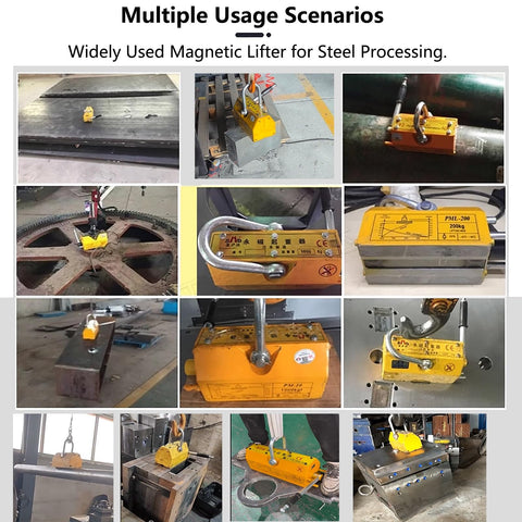 Multiple scenarios showing Heavy Duty Steel Magnetic Lifter Rock Solid Workhorse 6600lb Metal Lifting Magnet for steel.