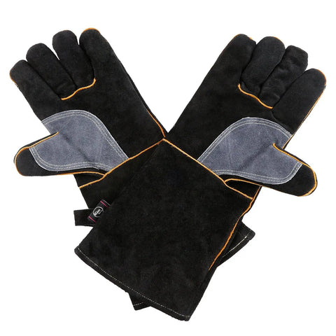 Extreme Heat Resistant Leather Work Gloves With Kevlar Stitching for Fireplace Stove Oven Grill Welding BBQ Mig Grill Boss Pot Holder And Animal Handling Durable Puncture And Cut Resistant Mitts, black leather with denim cuffs, visible.