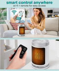 Smart 1500W Space Heater With WiFi Thermostat Remote And 12 Hour Timer Delivers Fast Even Indoor Heat For Living Rooms And Offices With Ceramic PTC Heating For Cozy Comfort All Winter displayed in living room with person using app and remote.