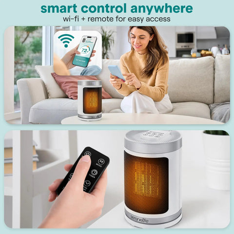 Smart 1500W Space Heater With WiFi Thermostat Remote And 12 Hour Timer Delivers Fast Even Indoor Heat For Living Rooms And Offices With Ceramic PTC Heating For Cozy Comfort All Winter displayed in living room with person using app and remote.